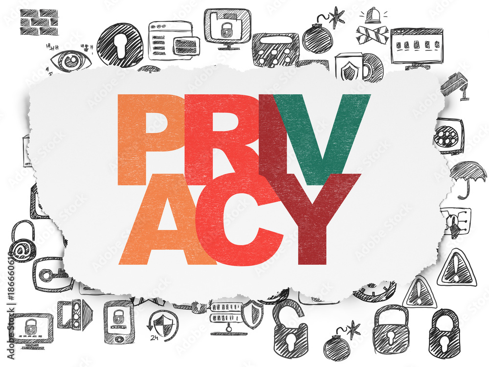 Naklejka premium Security concept: Painted multicolor text Privacy on Torn Paper background with Hand Drawn Security Icons