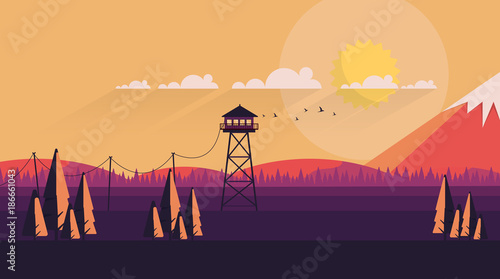 Vector Flat Art Landscape with Fire Lookout Tower