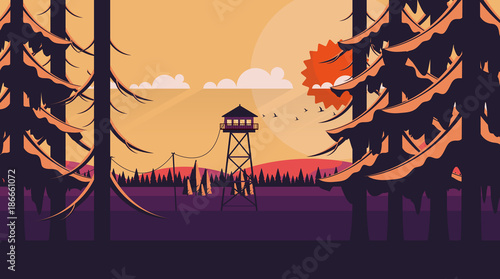 Vector Flat Art Landscape with Fire Lookout Tower