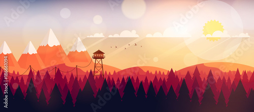 Vector Art Landscape with Fire Lookout Tower