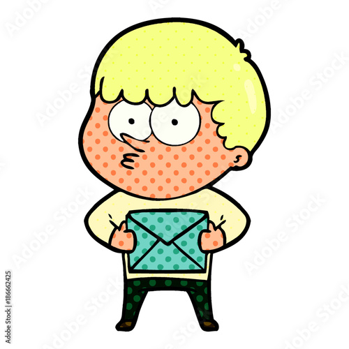 cartoon curious boy carrying a gift