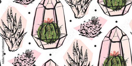 Hand drawn vector abstract seamless pattern with terrarium,polka dots texture and cacti plants in pastel colors isolated on white bakground.Design for decoration,fashion,fabric,wrapping,save the date.