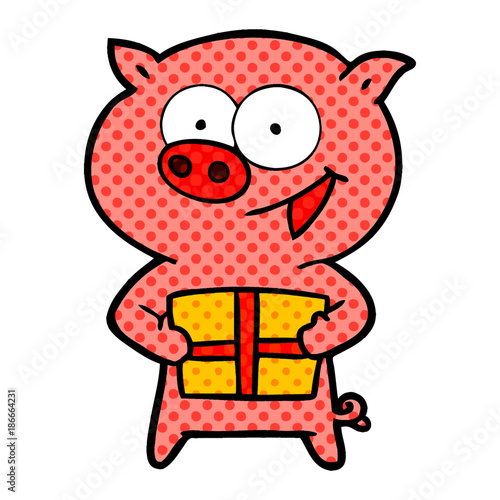 cheerful pig with christmas gift