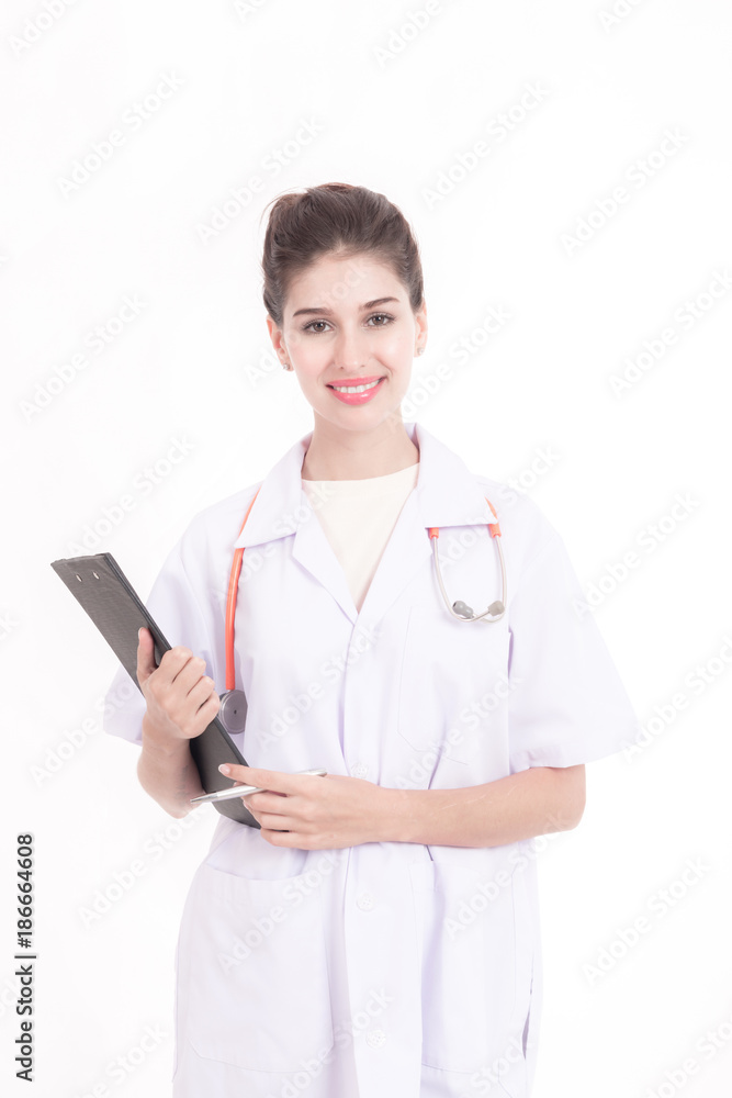 Professional medical career concept. Young female doctor with stethoscope, white cloth isolated in white. Holding a notepad. Professional medical career concept. Young female doctor with stethoscope, white cloth isolated in white. Holding a notepad.