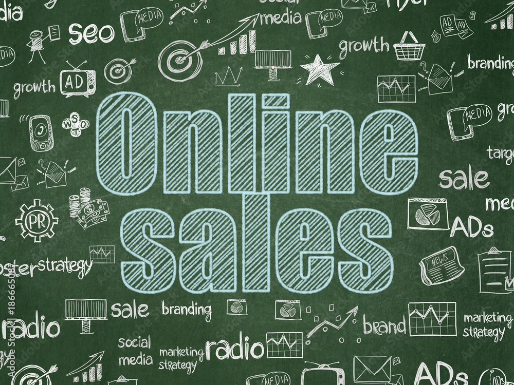 Advertising concept: Chalk Blue text Online Sales on School board background with Hand Drawn Marketing Icons, School Board Advertising concept: Chalk Blue text Online Sales on School board background with Hand Drawn Marketing Icons, School Board