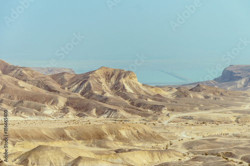 Sunny landscape view on the dead sea from desert in Israel