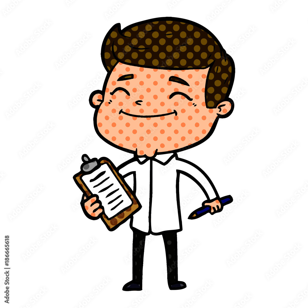 happy cartoon man taking survey happy cartoon man taking survey