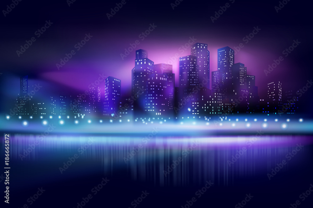 City view at the night. Vector illustration.