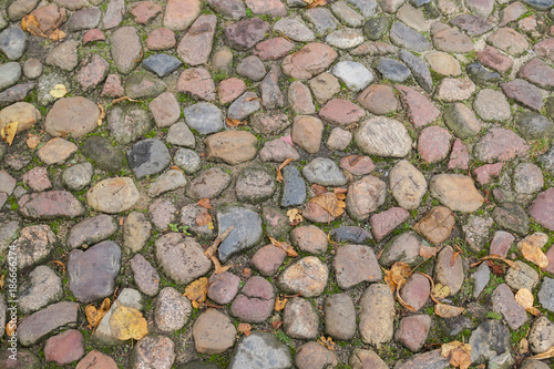 Floor of paving stones wet from the rain