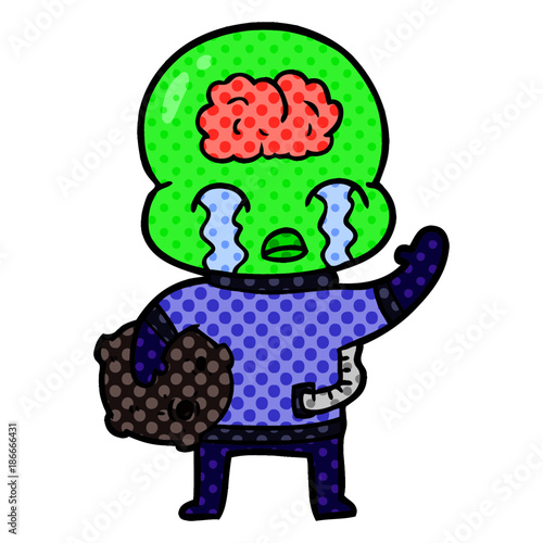 cartoon big brain alien crying and waving goodbye