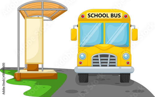 Vector illustration of cartoon school bus with bus stop