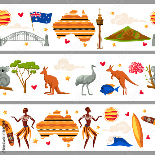Australia seamless borders. Australian traditional symbols and objects