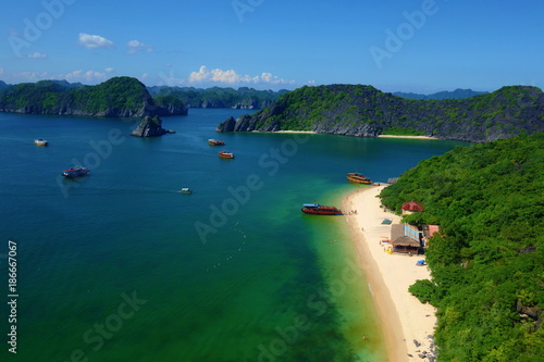 Aerial view at Monkey island beach in Cat Ba, Ha Long Bay, Vietnam photo