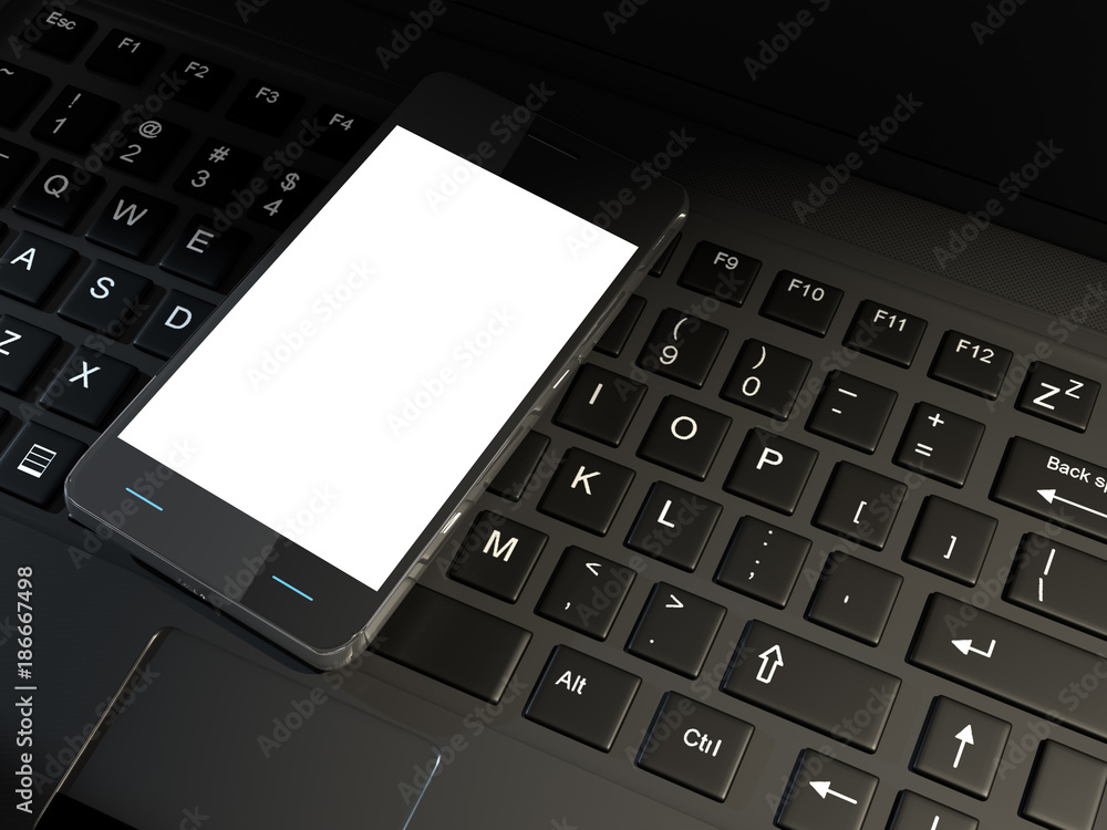 Smartphone with empty, blank screen on modern laptop keyboard - 3D rendering, mock up template Smartphone with empty, blank screen on modern laptop keyboard - 3D rendering, mock up template