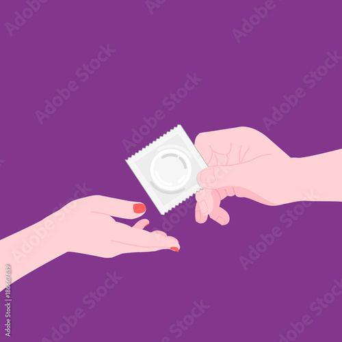 HIV / AIDS Info. Woman and man hands with condom. Physiology, contraception, health. Vector illustration. World aids day. Healthcare poster or banner template.
