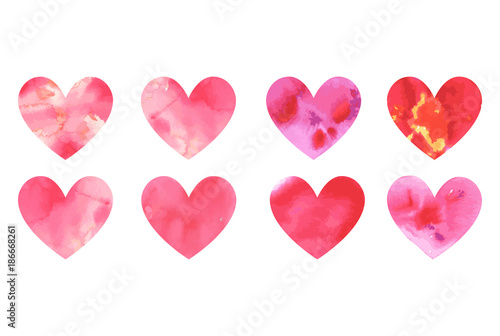 Set of vector watercolor hearts. Hand-drawn various red pink orange hearts isolated on white background. Wedding or Valentine's Day template. Love concept