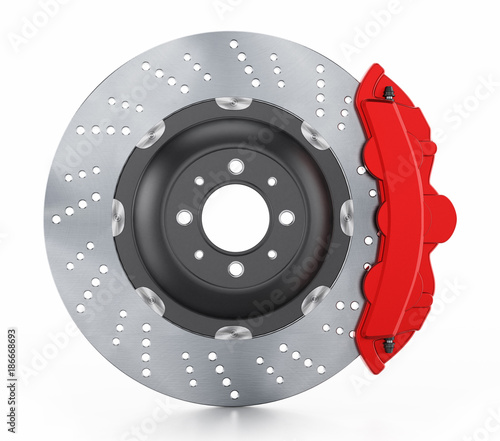 Car brake disc and red caliper isolated on white background. 3D illustration