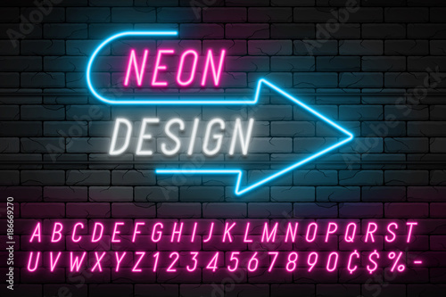 Neon light alphabet, realistic extra glowing font. Exclusive swatch color control.