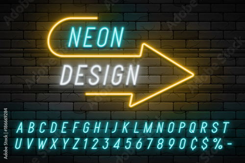 Neon light alphabet, realistic extra glowing font.