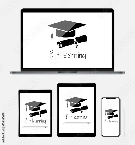 E - learning concept with laptop, tablet and smartphone vector eps 10