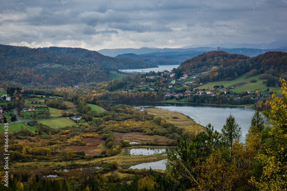 Lake Myczkowskie at autumn from quarry in Bobrka, Bieszczady, Poland