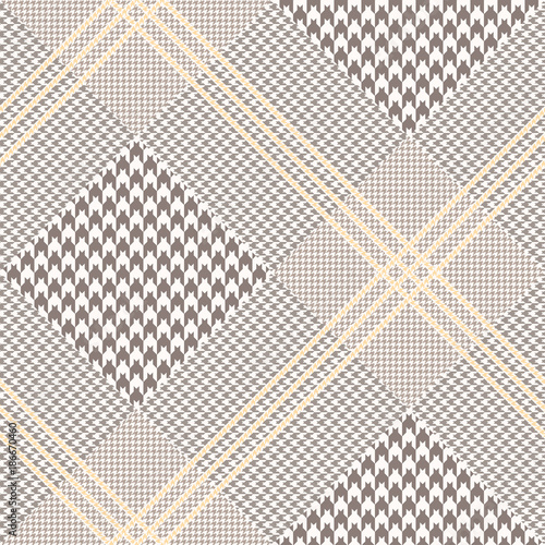 Glen plaid pattern in brown  off-white and pale orange. Prince of Wales check. Seamless fabric texture. 
