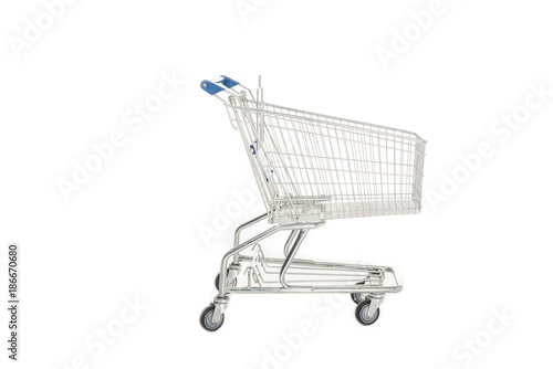 side view of empty shopping trolley isolated on white