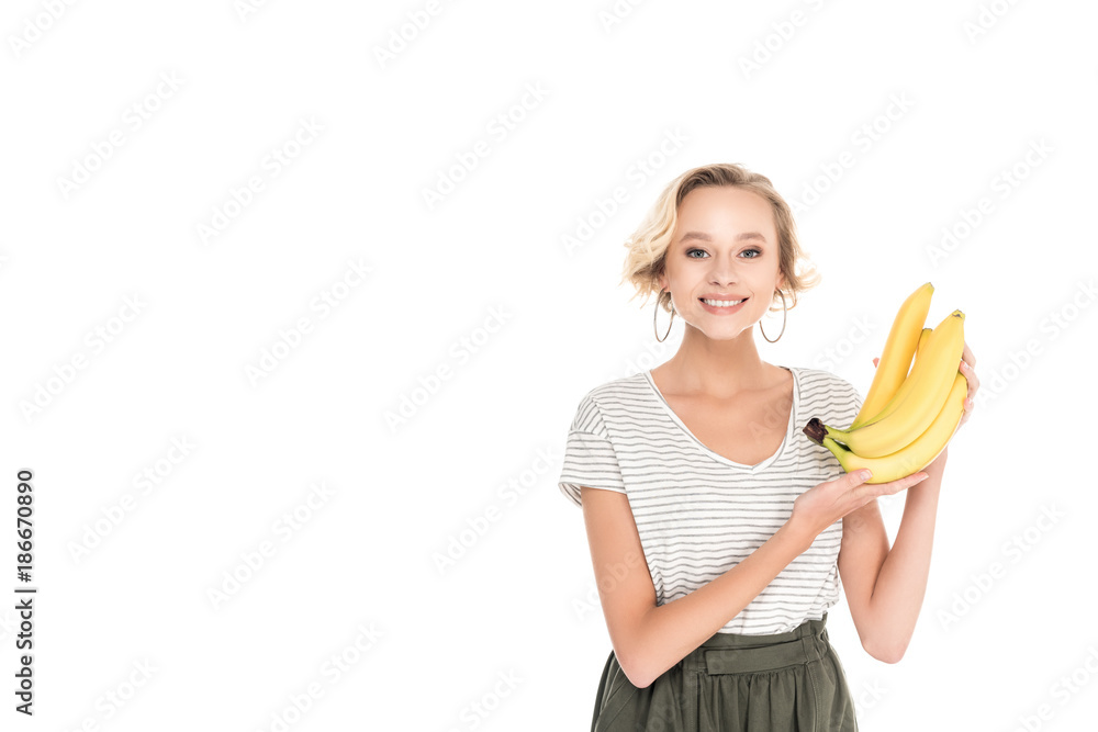 beautiful young woman holding fresh ripe bananas and smiling at camera isolated on white beautiful young woman holding fresh ripe bananas and smiling at camera isolated on white
