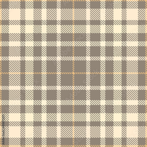 Plaid check pattern in shades of beige, off white and grey brown. Seamless fabric texture. 