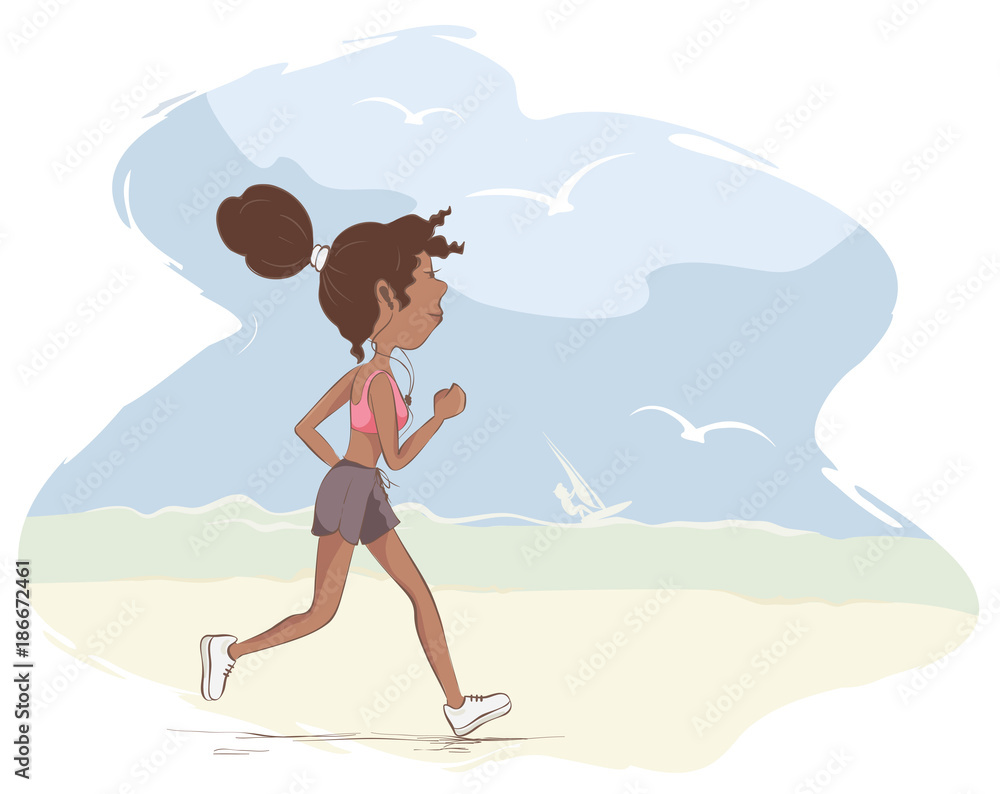 Morning running / Young black woman is engaged in running, funny vector illustration