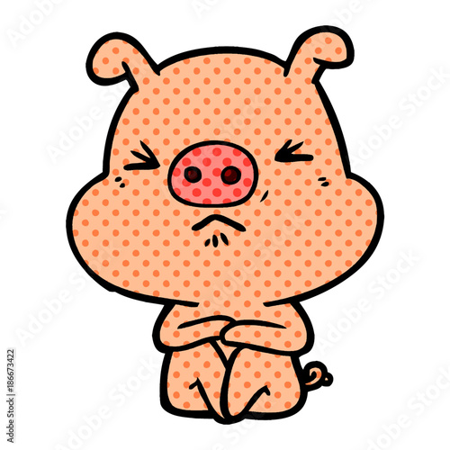 cartoon angry pig sat waiting