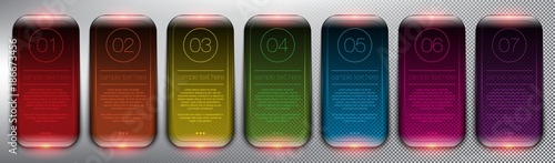 Vector glass web banners set of 7. Square glossy banners. Info graphic design elements. Isolated on the light panel. Each item contains space for own text. Vector illustration. Eps10.