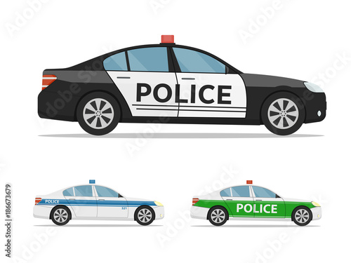 Set of police cars side view, isolated on white background. International police car.