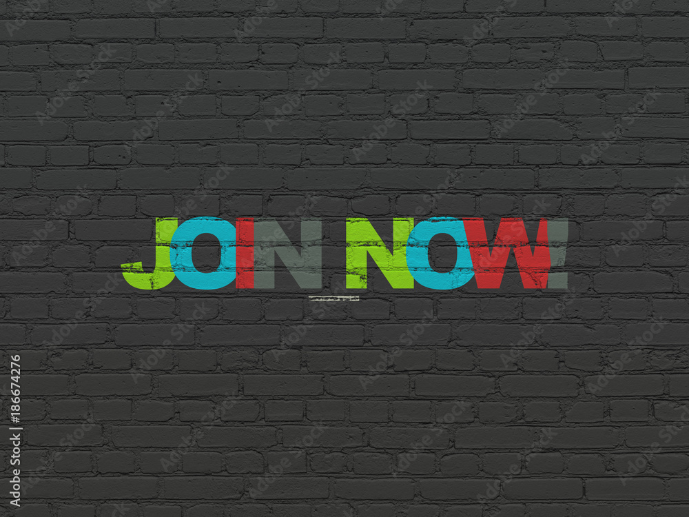 Obraz premium Social media concept: Painted multicolor text Join now! on Black Brick wall background