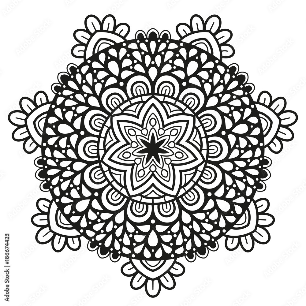 Black and white mandala vector isolated on white. Vector hand drawn circular decorative element. Black and white mandala vector isolated on white. Vector hand drawn circular decorative element.