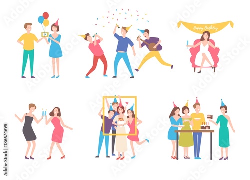 Collection of people celebrating birthday - eating cake, making group photo, singing, drinking cocktails. Flat cartoon characters isolated on white background. Colorful vector illustration.