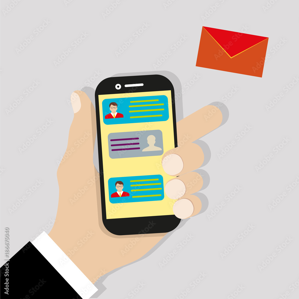Sending message. Mobile chat. Hand holding phone with envelope, send button and notification, email. Flat cartoon illustration for web banners, sites, infographics design. Vector Sending message. Mobile chat. Hand holding phone with envelope, send button and notification, email. Flat cartoon illustration for web banners, sites, infographics design. Vector