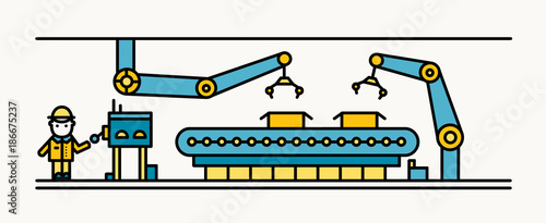 Belt conveyor equipped with robotic arms conveying cardboard boxes and indust...