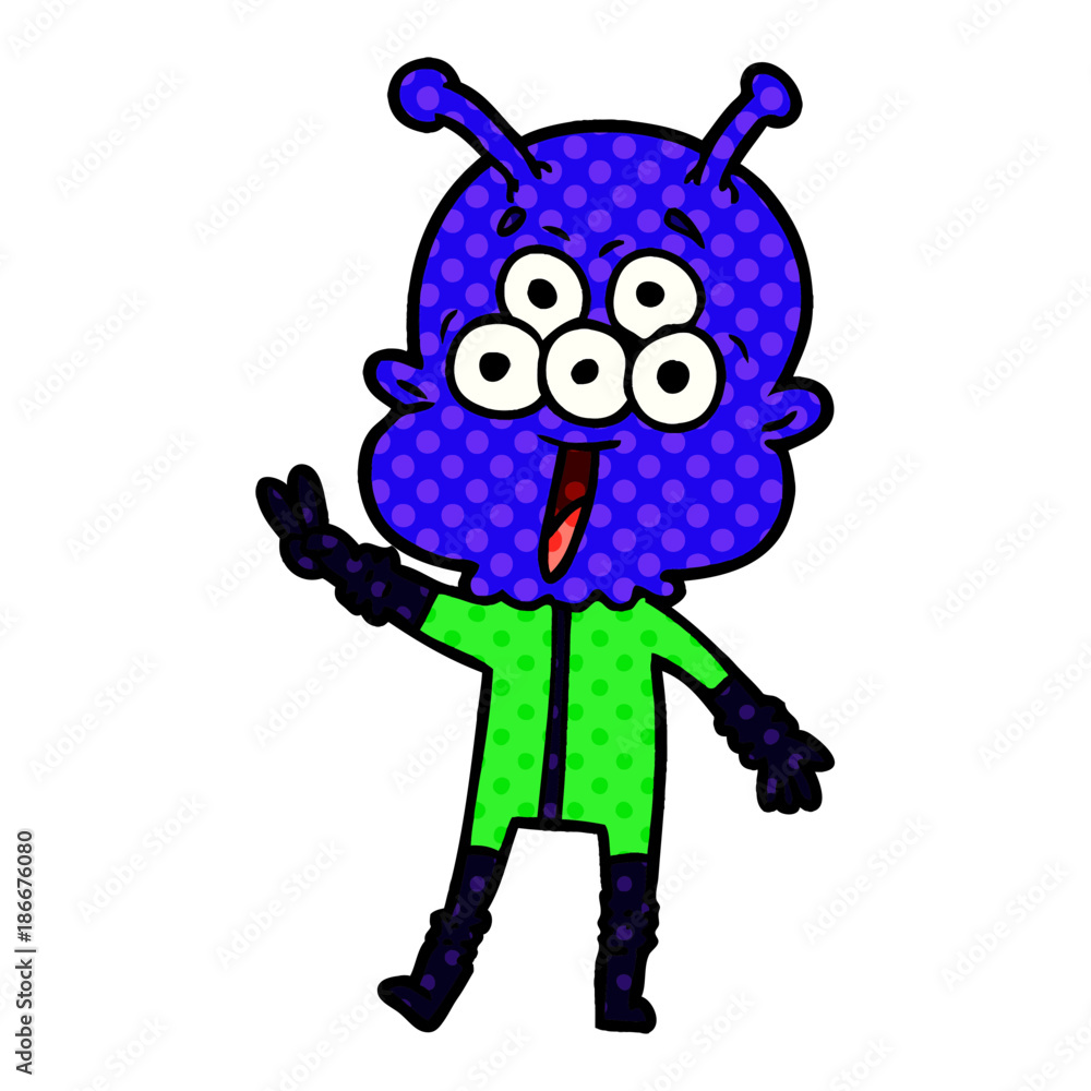 happy cartoon alien waving peace gesture