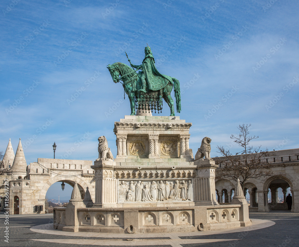 Bronze statue of Saint Stephen near the Fishermans Bastion, Budapest, Hungary. Equestrian statue of King Stephen