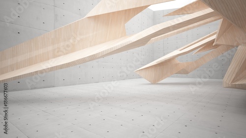 Abstract concrete and wood interior multilevel public space with window. 3D illustration and rendering.