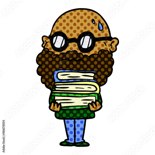 cartoon worried man with beard and stack of books