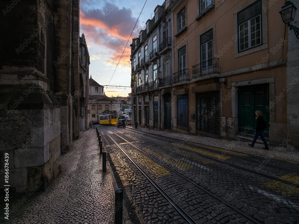 Sunset in the streets of Lisbon. Tram. Portugal.