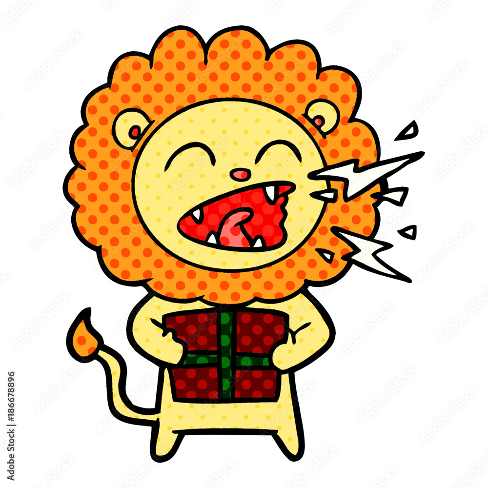 cartoon roaring lion with gift cartoon roaring lion with gift