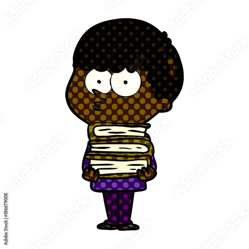 cartoon curious boy with lots of books
