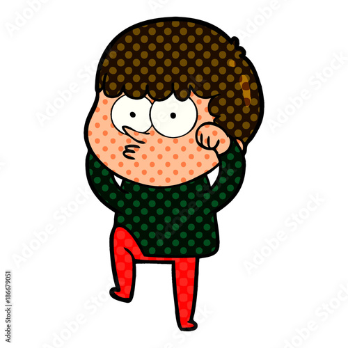 cartoon curious boy rubbing eyes in disbelief
