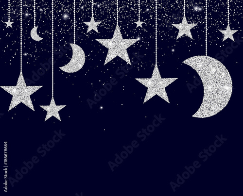 Silver glitter background with moon and strars. Vector