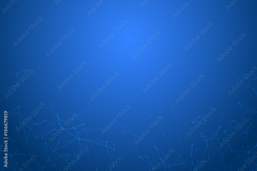 Abstract futuristic background with dots and lines, molecular particles and atoms, polygonal linear digital texture, technological and scientific concept, illustration.
