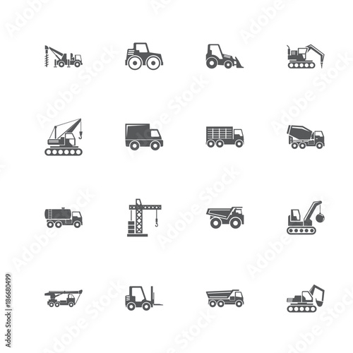 Construction Vehicles icons. Perfect black pictogram on white background. Flat simple vector icon.