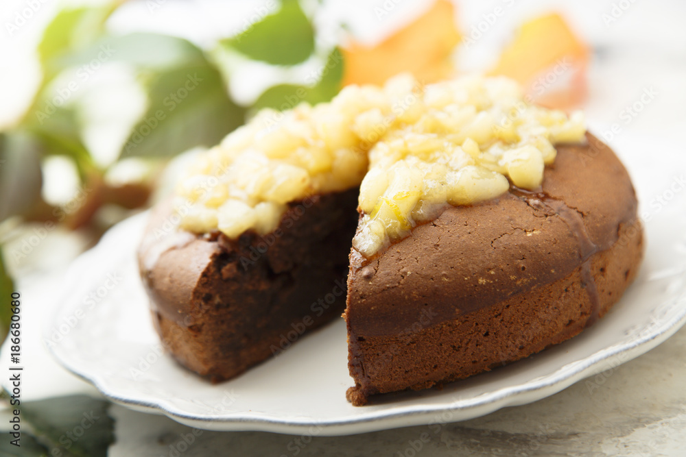 Chocolate cake with caramelized pears